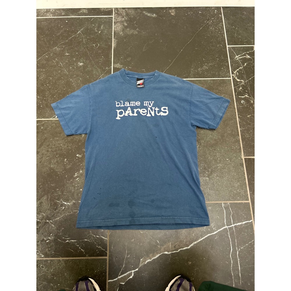 Top Heavy Blame My Parents Graphic Tee Mens Large Blue Vintage Style T-Shirt